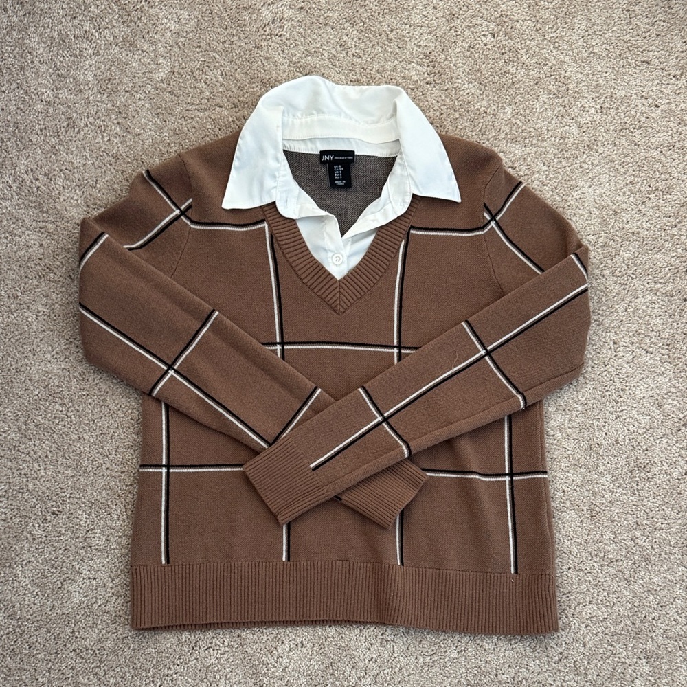 H&M Brown V-Neck Sweater with White Stripes